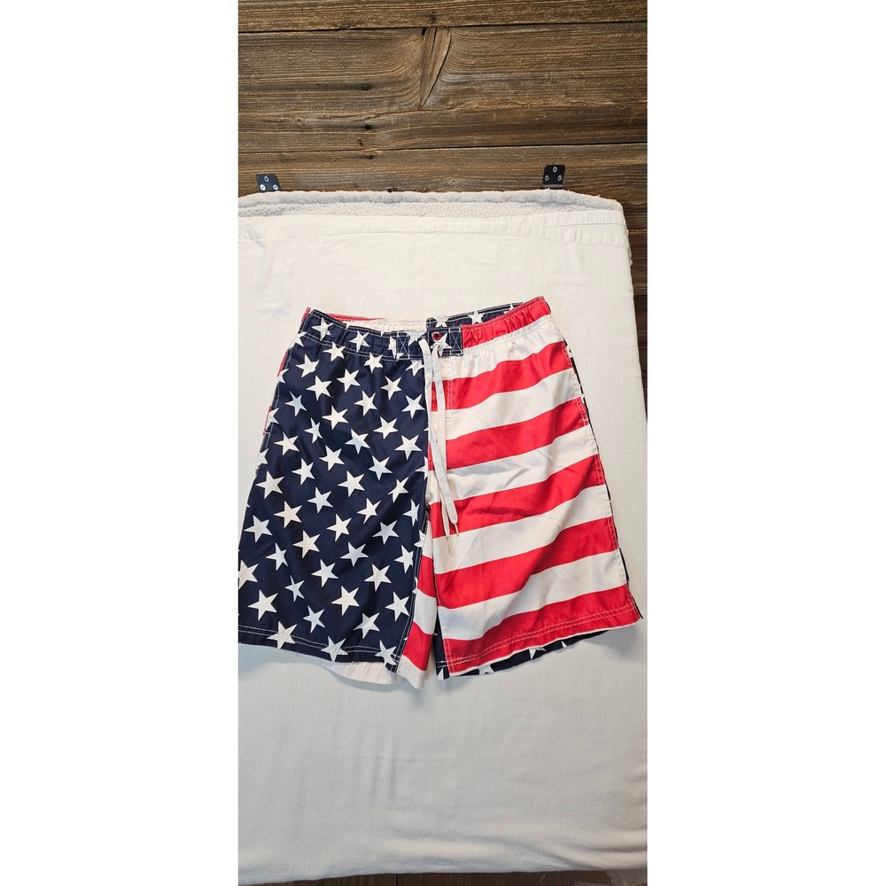 Y2K Faded Glory Mens American Flag Swim Trunks Stars Stripes Patriotic Shorts L